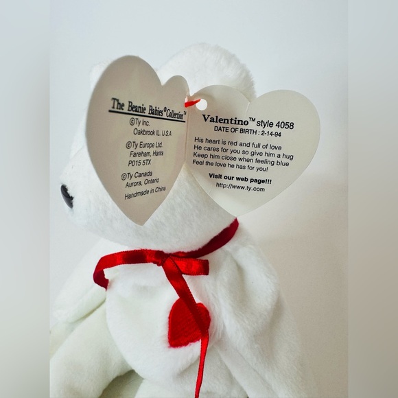 ♥️ TY Vintage 1994 Valentino Beanie White Plush Bear Red Heart/Ribbon Kids Toy - Picture 4 of 6